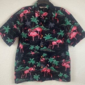 Men’s Backers Sportswear Hawaiian Original Black Button Down Pink Flamingo Sz Lg